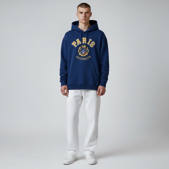 Paris Université Blue Embroidered Graphic Hoodie Streetwear loungewear sporty - Picture 2 of 10